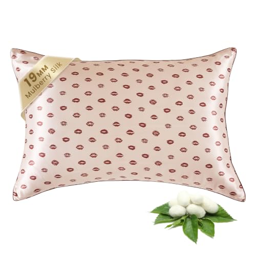Image of THXSILK Natural Mulberry Silk Pillowcase for Hair and Skin, Grade 6A+ Dual-Sided Silk Pillow Case with Hidden Zipper, King Size 20 inchx36 inch Silk Pillow Case, 1pc, Pink Lipprint