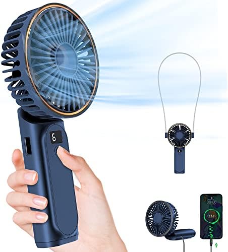 TUNISE Portable Handheld Fan, Neck Fan, 4000mAh Desk Fan, 180° Adjustable, 6 Speed Wind, Display Electricity in Real Time, USB Rechargeable Foldable Fan, Quiet Personal Fan with Power Bank Blue