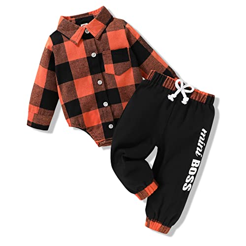 Image of HAPPYMA Baby Boy Clothes Newborn Long Sleeve Flannel Plaid Bodysuit + Mini Boss Pants Infant Fall Winter Outfit Set