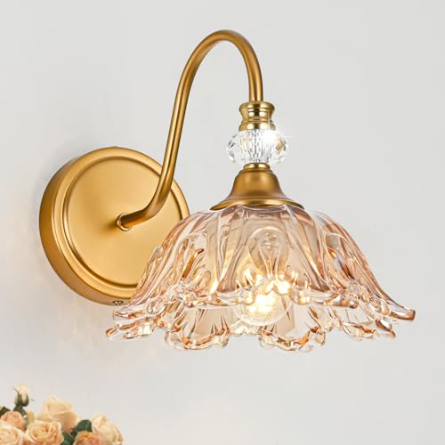 Image of 1 Piece Vintage Wall Sconce with Floral Amber Glass Shade, Matte Brass Finish Wall Sconce for Bathroom,Vintage Bathroom Vanity Light Fixture