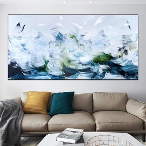 Tableau plumes bleues abstrait géant 80x160 cm pour décoration intérieure - 2