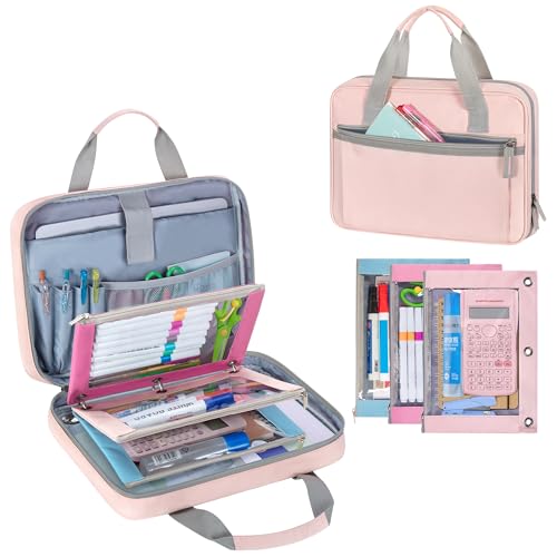 YARWO 2026 Upgraded Zipper Binder with 3 Pencil Pouches, Small File Organizer with Multi Pockets & Padded Sleeve Fits 13” iPad, Loose Leaf Paper, Name Card & Stationery for School, Office, Work, Pink