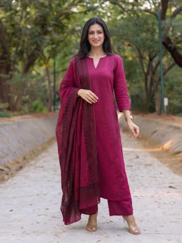 Image of GoSriKi Kurta Set Women Viscose Solid | Kurti Set Woman | Kurta Narrow Pant Dupatta 3 Piece Outfit | Round Neck V-Slit 3 /4 Sleeve Straight Fit Ethnic Wear Ladies Dress Stylish Traditional Clothing