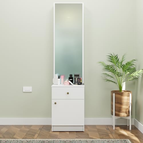 Image of VIKI | Engineered Wood Dressing Table with 1 Drawer & 1 Door, Mirror and Huge Storage Space | Vanity for Living Room, Bedroom (Frosty White - 43.8W x 40D x 182.6H cms)