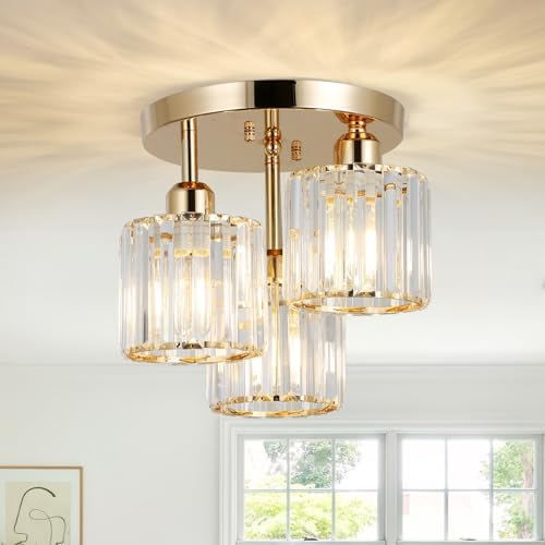Modern Semi Flush Mount Ceiling Light,3-Light Crystal Close to Ceiling Light Fixtures,Rose Golden Kitchen Light Fixtures with Clear Crystal Shade,Hallway Light Fixtures for Hallway Bedroom
