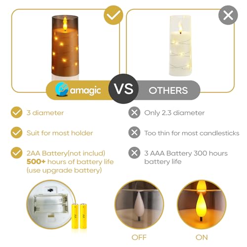 Image of Amagic Grey Battery Operated Candles with Embedded Fairy Lights, Acrylic Fake Pillar LED Flameless Candles with Remote and Timer for Wedding Home Decor, Set of 6, D3 x H4 5 inch 6 inch