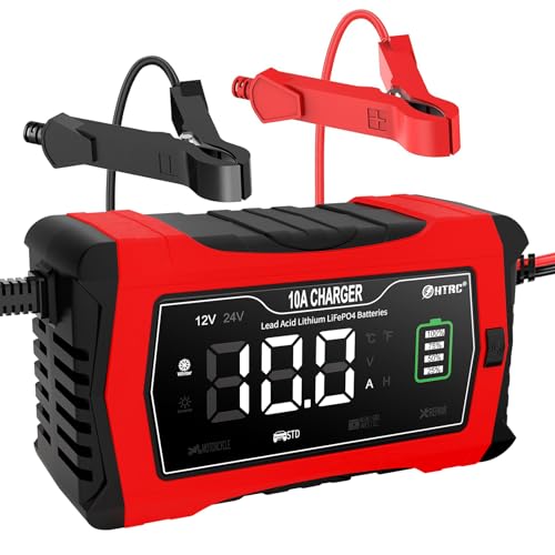 HTRC 10A Caricabatteria da Auto 12V/24V Multi Protezioni e Mantenitore, Intelligente Schermo LED Completamente Automatico, per Batterie al Lithium LiFePO4 e Piombo Acido(AGM, GEL, MF, EFB, Ecc)