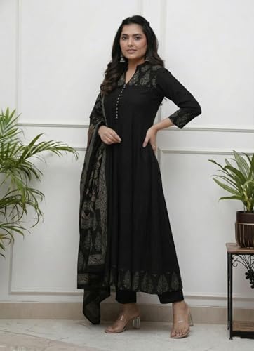 Image of GoSriKi Women's Rayon Viscose Anarkali Printed Kurta Pant with Dupatta | Anarkali Kurta Set for Women | Flared Kurti Pant Set | Ethnic Printed Suit for Women