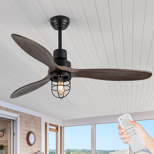 WWM Ceiling Fans with Lights and Remote 52In Industrial Outdoor Rustic Ceiling Fan with Light Modern Bedroom Black 3 Blade Wood Ceiling Fan for Outdoor PatioLiving Room