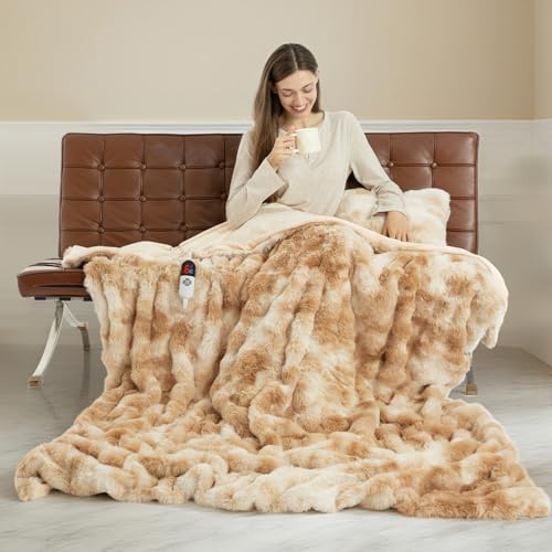 Faux Fur Heated Throw Blanket for Couch - 50X60 Bubble Faux Fur Electric Blanket Fluffy Fuzzy Soft Thick with 6 Fast Heating Levels & 4 hrs Timer Settings Washable & ETL Certified Tie-Dye Beige