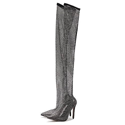Cuissardes Hautes en Dentelle avec Strass pour Femmes, Bottes à Talons Hauts de 11cm au-Dessus du Genou, Bottes Hautes pour Femmes Household faucets