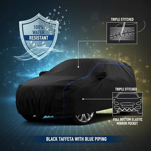 Image of Sulfar 100% Water Resistant Car Body Cover Compatible with Mirror for Jeep Grand Cherokee (Triple Stitched, Full Bottom Elastic, Black Tafetta with Blue Piping)