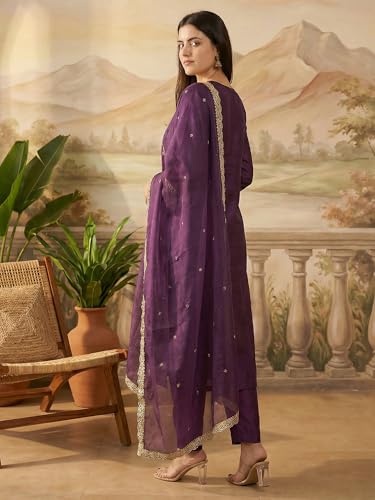 Image of INDO ERA Women's Cotton Solid Straight Kurta Palazzo With Dupatta Set
