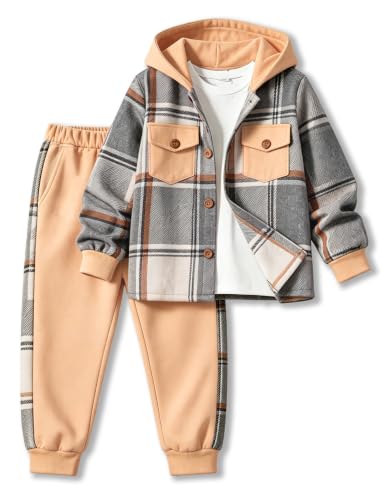Image of Toddler Boy Clothes Plaid Hooded Shirt White T-shirt Top and Solid Color Pants 3Pcs Winter Boys Clothes