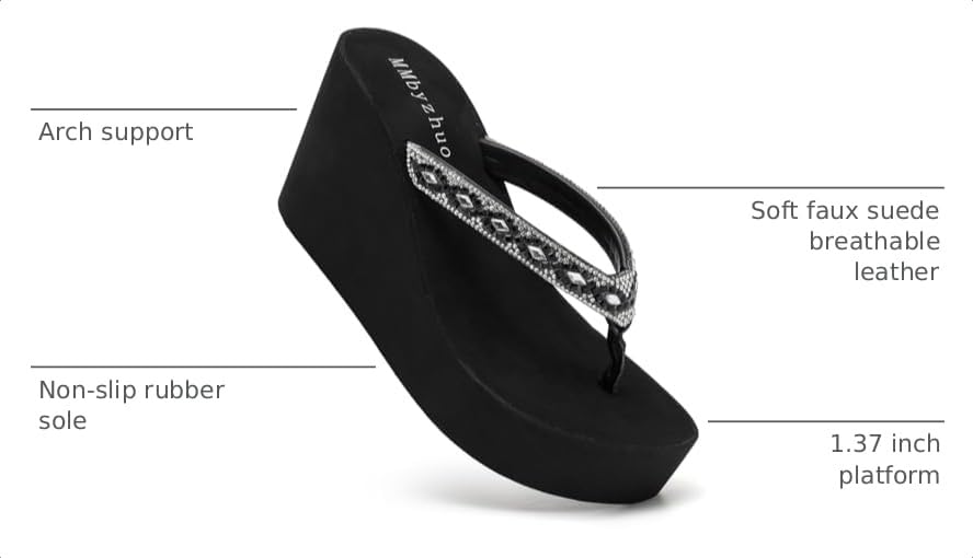 Image of Rhinestone Womens Wedge Sandals for Women Platform Flip Flops Chunky wedge flip flops Heels Sandals Women Wedding Shoes