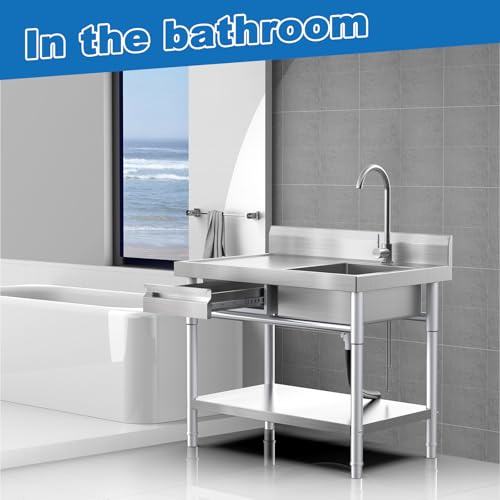 Image of 39 inch Stainless Steel Utility Sink, Commercial Sink with Workbench, Drawer