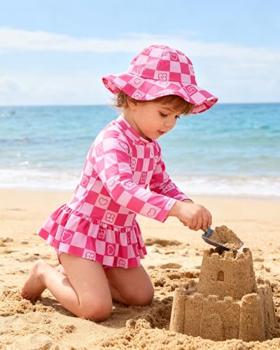 Image of Redair Toddler Girls One Piece Swimsuit Long Sleeve Bathing Suit with Hat UPF 50+ Sun Protection 1-5T