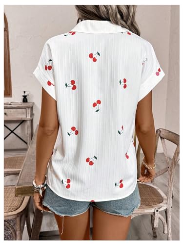 SweatyRocks Women's Cherry Print Short Sleeve Blouse Collar Button Down Textured Casual Shirts2