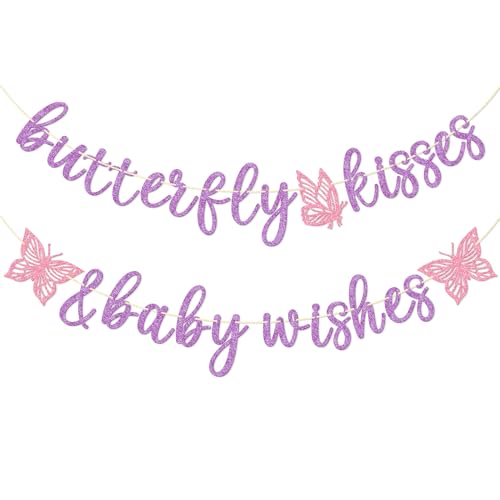 Butterfly Kisses and Baby Wishes Banner, Butterfly Themed Baby Shower Decorations for Girl, Pre-assembled (Purple)