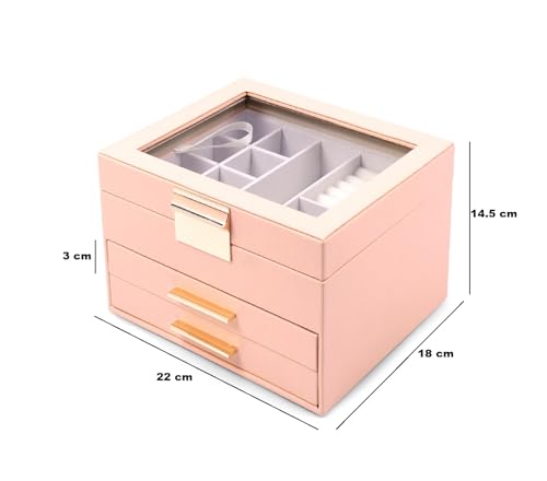 Image of BucketList Luxury PU Leather Jewellery Organizer Box with Glass Top | Multi-Drawer Jewelry Storage Case with Ring Slots & Compartments | Elegant Lockable (2 Drawers Jewellery Box (Pink))