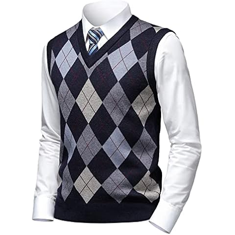 Herothorn Mens Thick Argyle Sweater Vests Classic V-Neck Knitwear Sleeveless Pullover Tops Autumn Winter Warm Tank Top, Navy Blue, XL Cover