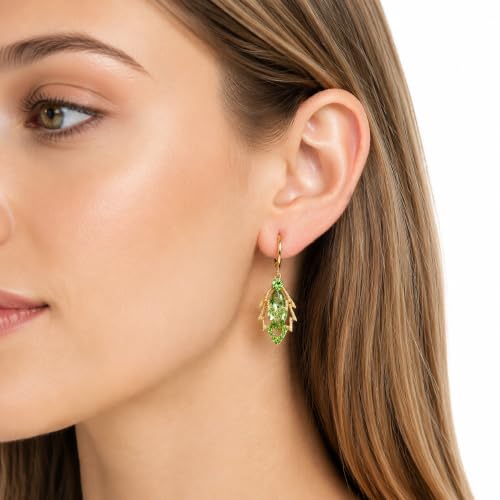HEFEIYU 14K Gold Plated Dangle Drop Earrings, Hypoallergenic Cubic Zirconia Crystal Teardrop Leaf & Feather Earrings, Vintage Long Linear Threader Chandelier Statement Jewelry for Women Wedding Party Gifts (Green) - image 3