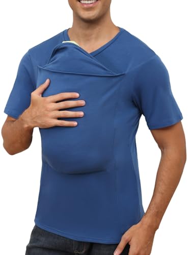 Image of ThusFar Mens Baby Carrier Shirt Dad Shirt for Men Short Sleeve Baby Wearing T-Shirt V Neck Pocket Tee Shirts Blue M