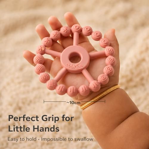Image of Cubkins Silicone Ring Teether for Babies 3-12 Months | BIS Certified, BPA Free, Food Grade | Teething Ring for Soothing Gums | Zero Plastic | Easy Grip Baby Teething Toy (Raspberry)
