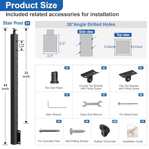 Image of 36 inch Left Side Mount Stair Cable Railing Post for 25-35 Degrees Stair, Stainless Steel Single Black Coated Fascia Mount Post for Cable Railing Kit, Indoor Outdoor Use, MY09-S