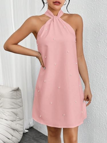 Image of Floerns Women's Pearl Beaded Halter Twist Sleeveless Tie Back Dress A Line Dress