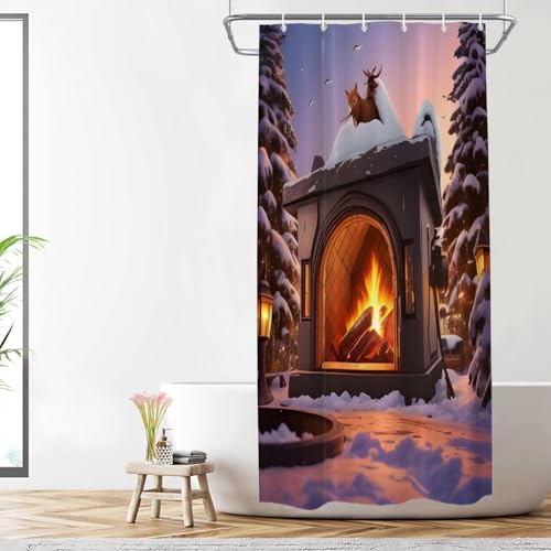 Shrahala Cedar Fireplace Warm Polyester Shower Curtain, Birds Wood Snowfield Street Lamp Bath Curtain Waterproof with Plastic Rings for Shower Stall Bathtubs 72 X 36 in