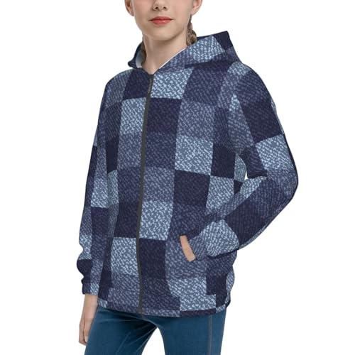 Blue Gingham Buffalo Check Kids Pullover Hoodies Boys Zip Up Sweatshirts Girls Athletic Clothes with Pocket