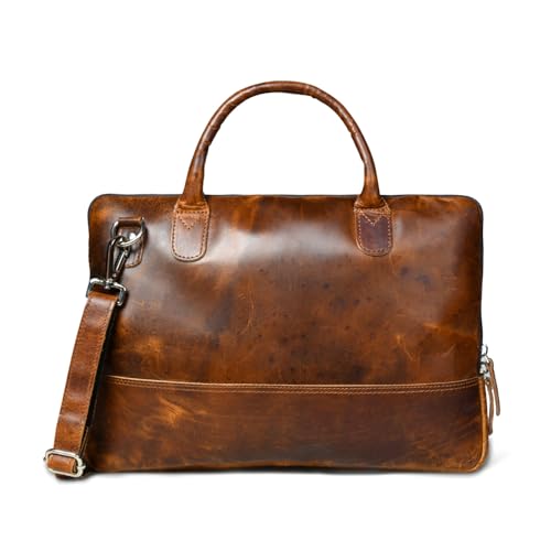 Image of MaheTri Modernist Genuine Leather Laptop Bag (Up to - 15.6 inch) for Men & Women | Unisex Lightweight Leather Briefcase with Adjustable Strap | Multiple card Slots With Zipper Pockets