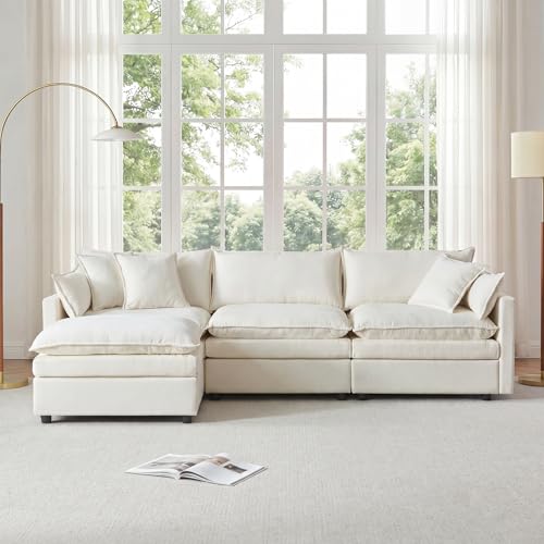 XOCN 108.7" L Shaped Modular Sectional Sofa, Comfy Upholstery Chenille Cloud Couch with Ottoman, Modern 4-Seat Deep Seat Sofa with Pillow for Living Room, Apartment, Beige White