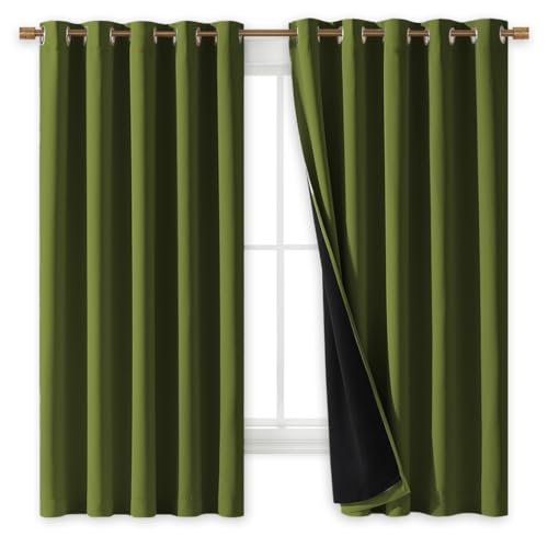 Image of NICETOWN 100% Blackout Lined Curtains, Olive Green, 1 Pair, 70 inch Width x 63 inch Length Each Panel, 2 Thick Layers Completely Blackout Window Treatment Thermal Insulated Drapes for Kitchen /Bedroom