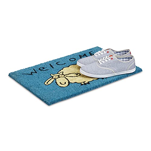 Relaxdays Fußmatte Kokos Schaf 40 x 60 cm Kokosmatte mit Rutschfester PVC Unterlage Fußabtreter aus Kokosfaser als Schmutzfangmatte und Sauberlaufmatte Fußabstreifer für Außen und Innen Matte, blau