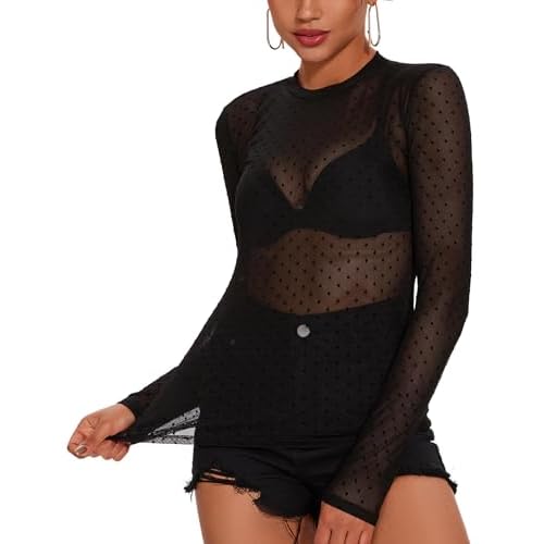 AKEWEI Womens Mesh Long Sleeve Tops Crew Neck Sexy See Through Tee Shirts Party Club Night Lace Blouse X-Large Black Polka Dots