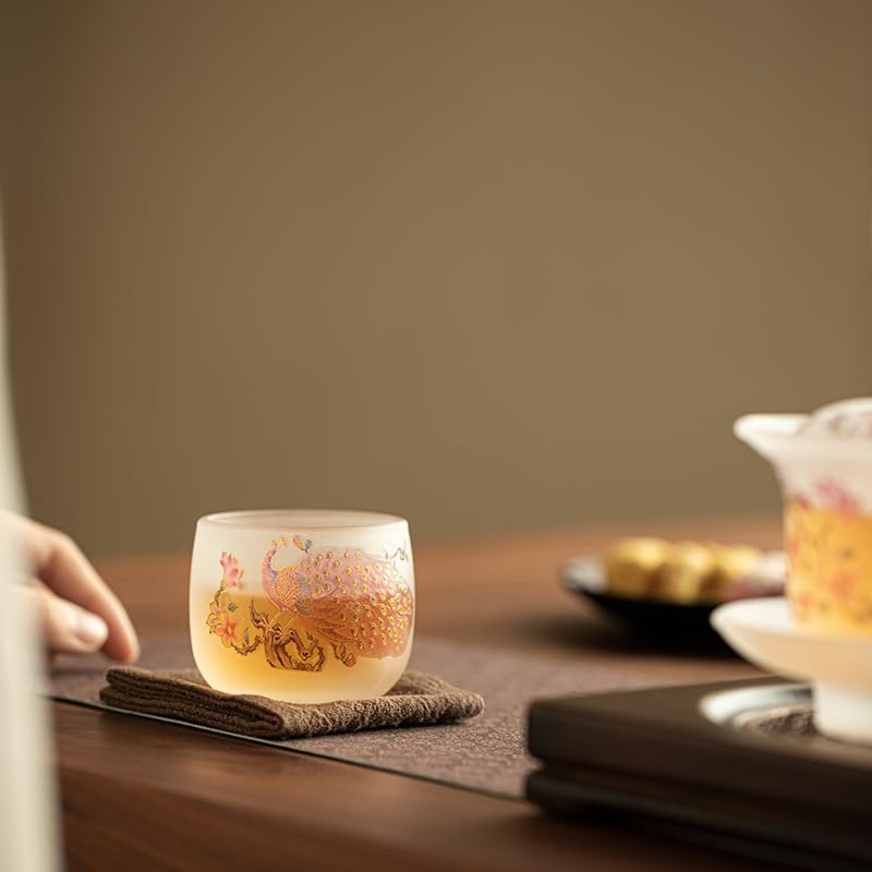 Tea Cup Frosted Glass Teacup Host Chinese Style Peacock Set Soaking Container
