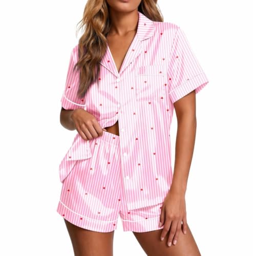 Image of Ekouaer Pajamas for Women Set Silk Satin Pjs Button Down Sleepwear Summer Loungewear Top and Shorts Lounge Set S-XXL