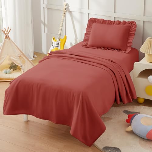 Image of KKJIAF 3 Piece Toddler Sheet Set Microfiber, Includes a Flat Sheet, a Fitted Sheet and a Ruffle Pillowcase, Rust Red
