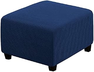 qiden Square Footstool Cover Stretch Ottoman Cover Plush, 10% Thicker Large Stretch Pouffe Cover Anti-Slip Foot Stool Jacquard Slipcovers With Elastic Bottom, Machine Washable-Black