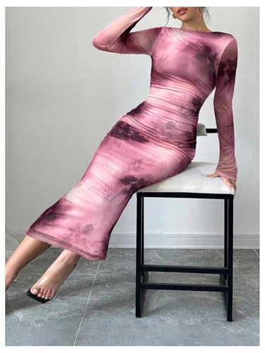 Image of Milumia Women's Tie Dye Boat Neck Long Sleeve Fall Dress Ruched Bodycon Maxi Slimming Dresses Cocktail Party