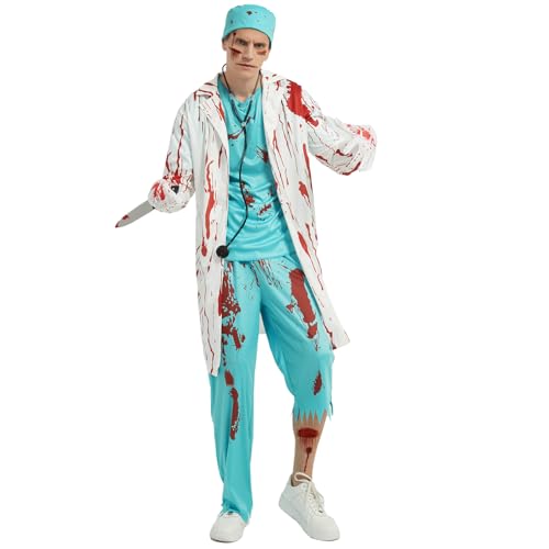 HERMORRYSS Zombie Arzt Kostüm Herren, Halloween Chirurg Kostüm, Horror Chirurg Kostüms mit Arztkittel Handschuhe Tattoo Fake Messer Stethoskop, für Erwachsene Karneval Fasching Halloween Themen (L) HERMORRYSS Zombie Arzt Kostüm Herren, Halloween Chirurg Kostüm, Horror Chirurg Kostüms mit Arztkittel Handschuhe Tattoo Fake Messer Stethoskop, für Erwachsene Karneval Fasching Halloween Themen (L)
