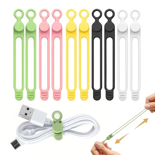 10 Pcs Silicone Cable Ties Reusable Data Cable Organizer Wire Organizers for Office Multipurpose Elastic Cord Wraps Cable Management for Charging Cord Appliances Home Office Kitchen School Travel