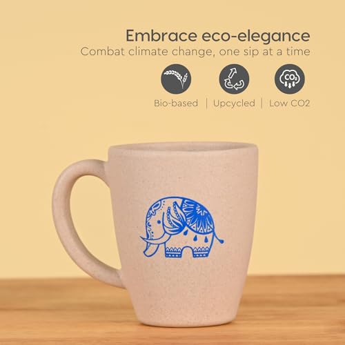 Image of Eha Earth-Friendly Wedding Gifts for Couple | Gifts Made with Rice Husk Biocomposite | Elephant Printed Mug and Coasters Set of 2, Keychain, Loopac Box | 300 ml | Sand Castle