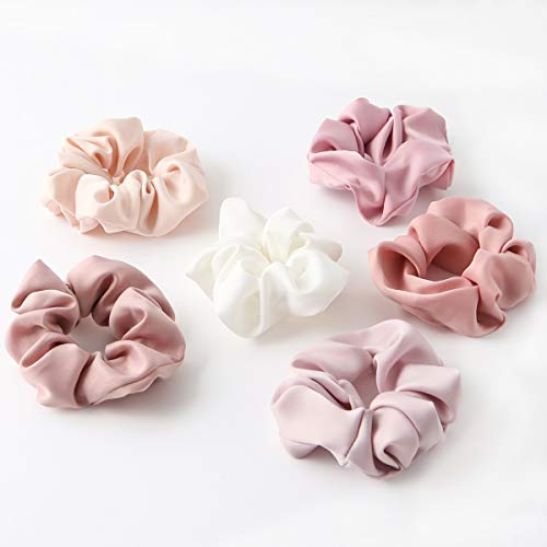 Satin Hair Scrunchies Hair Ties for Women or Girls Pink Hair Scrunchie Ropes Solid Scrunchy Ponytail Holdors Hair Accessories Elastic Hair Bands- 6 Pack (Color A)
