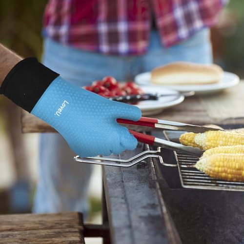 Image of Kitchen Oven Gloves - Dual-Layer Heat Resistant Grilling Gloves, Silicone Oven Mitts with 5 Fingers, Waterproof Non-Slip Pot Holder for Barbecue, Cooking, Baking (Small, Blue Long)