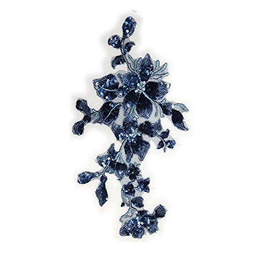 SUNMOVE Embroidery Sequin Lace Applique Sewing Flower Fabric Collar Patch for Wedding Gown Dress Bridal DIY Crafts(Dark Blue)