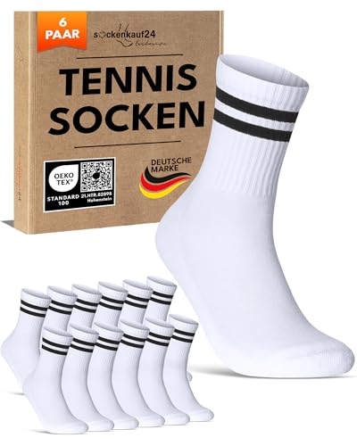 sockenkauf24 6 Paar Tennissocken Herren 39-42 Weiß Sportsocken Atmungsaktiv Herrensocken Baumwolle Retro Crew Socken (Weiß Ringel 39-42)