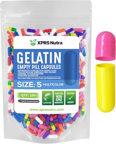 Image of XPRS Nutra Size 5 Empty Capsules - 100 Count Very Small Empty Gelatin Capsules - Pills DIY Capsule Filling - Fillable Pill Gel Caps for Do-It-Yourself Vitamin Supplements (Multi Color)